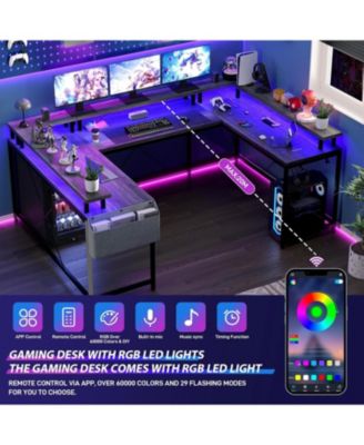 78" Wooden Power Outlets & RGB LED, Reversible L-Shaped Home Office Desk with Storage U-Shaped Gaming Computer Desk