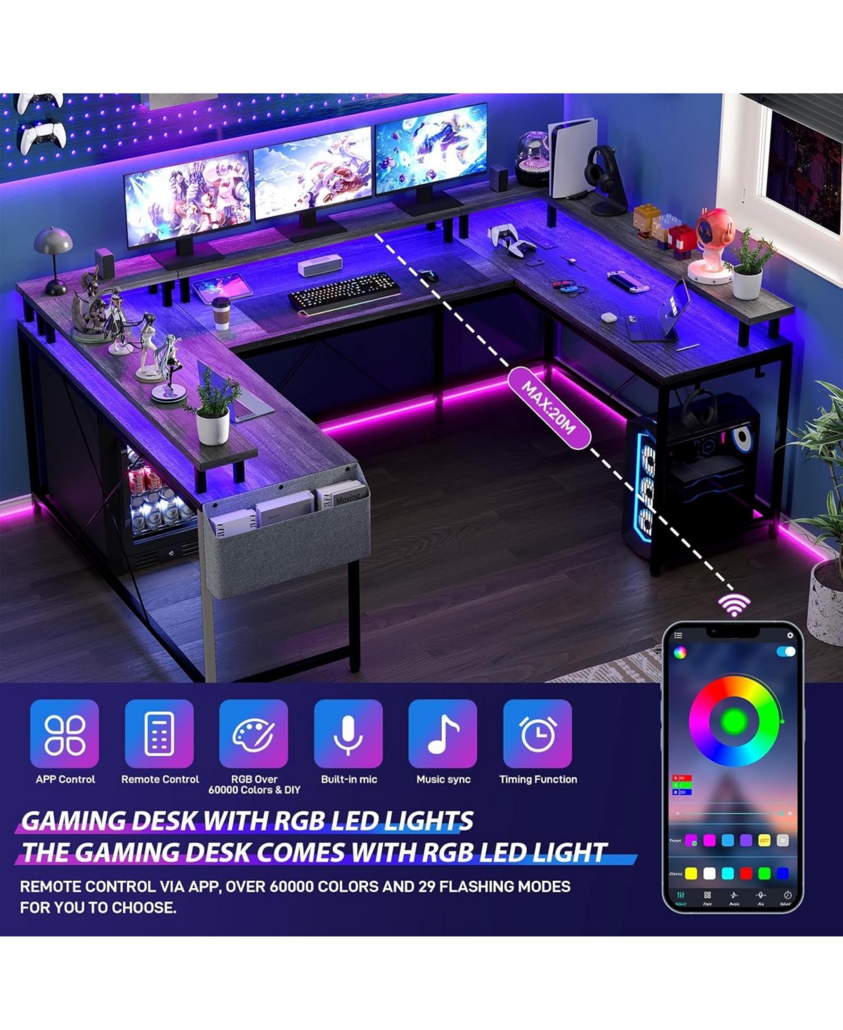 gaomon 78" Wooden Power Outlets & Rgb Led, Reversible L-Shaped Home Office Desk with Storage U-Shaped Gaming Computer Desk