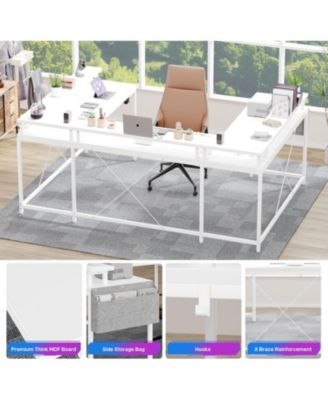 78" White U-Shaped Computer Desk with Power Outlets & RGB LED, Reversible L-Shaped Home Office Desk