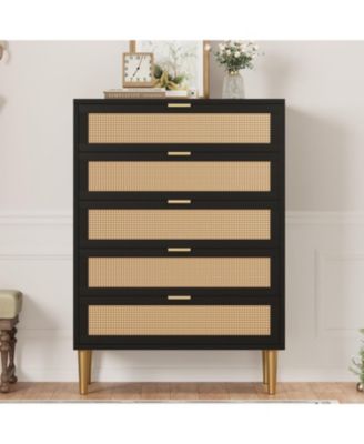 5-Drawer Rattan Dresser, 44" Tall, Farmhouse Wood Vertical Chest with Metal Legs & Handles, Bedroom, Living Room, Black