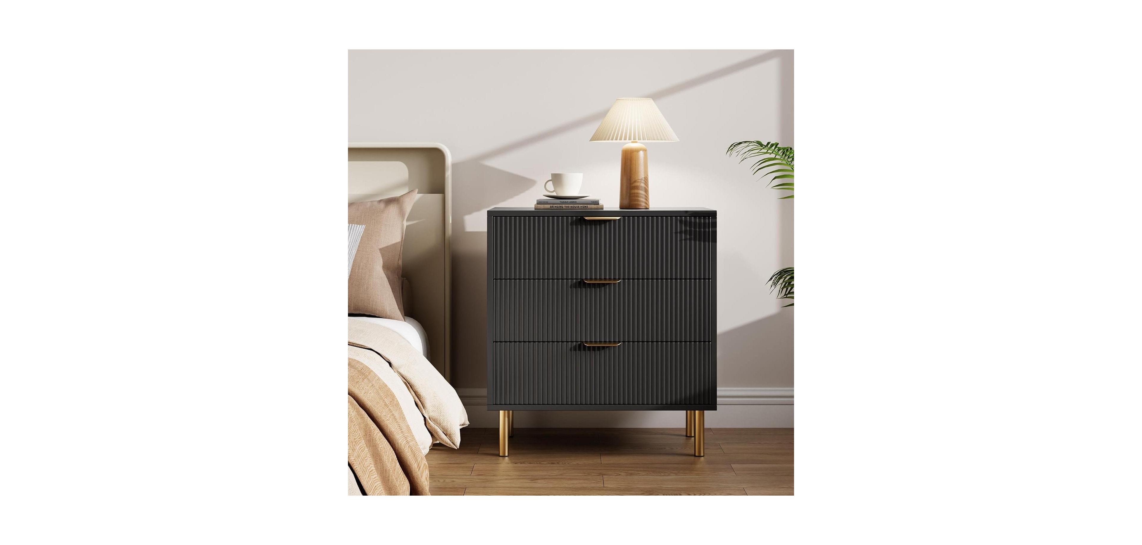 gaomon 3-Drawer Modern Black Dresser, 30" Tall, Fluted Chest with Gold Handles, Anti-Tip Device, Bedroom, Living Room, Kids Room