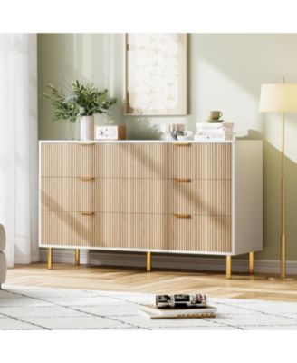 6-Drawer Modern Natural Dresser, Gold Handle, Wide Double Chest, Large Drawer Storage Organizer for Bedroom, Living Room, Entryway