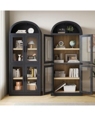 71.4 Inch Arched Bookshelf with Glass Doors, Rustic Premium Wood Display Cabinet for Living Room, Black
