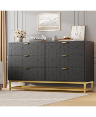 53.5 Inch 6-Drawer Modern Dresser, Wide Chest with Gold Metal Legs & Handles, Storage for Bedroom, Living Room, Hallway