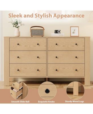 6-Drawer Natural Oak Modern Dresser, Large Chest, Deep Drawers, Metal Knobs, Double Storage for Kids Bedroom, Entryway, Hallway