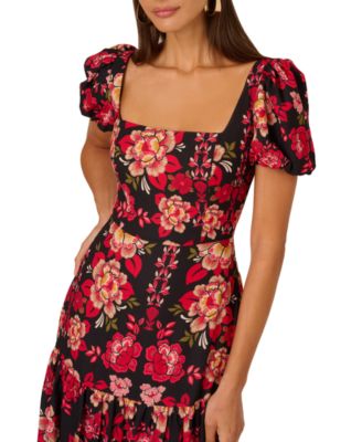 Women's Printed Puff-Sleeve Midi Dress