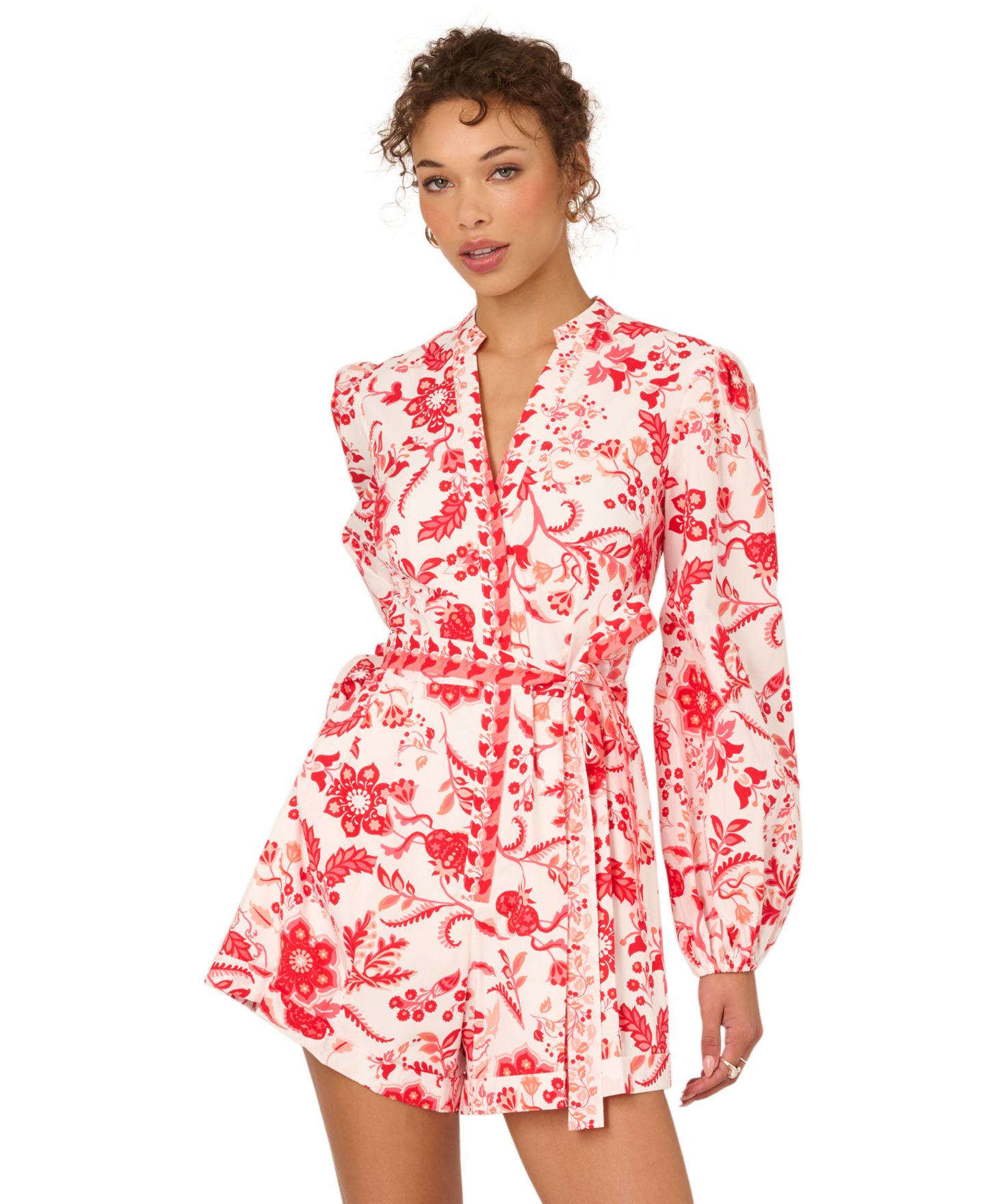 Женские комбинезоны by Adrianna Papell Printed Long-Sleeve Romper, цвет: Белый / Коралловый разноцветный — фото 2