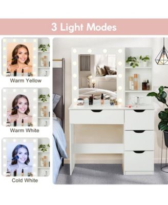 36 Inch Makeup Vanity Table with Lights, Lighted Mirror, Power Outlet, Modern Bedroom Dressing Desk