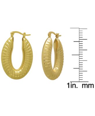 14k Gold Plated Brass Ribbed Shiny Oval Hoop Earrings