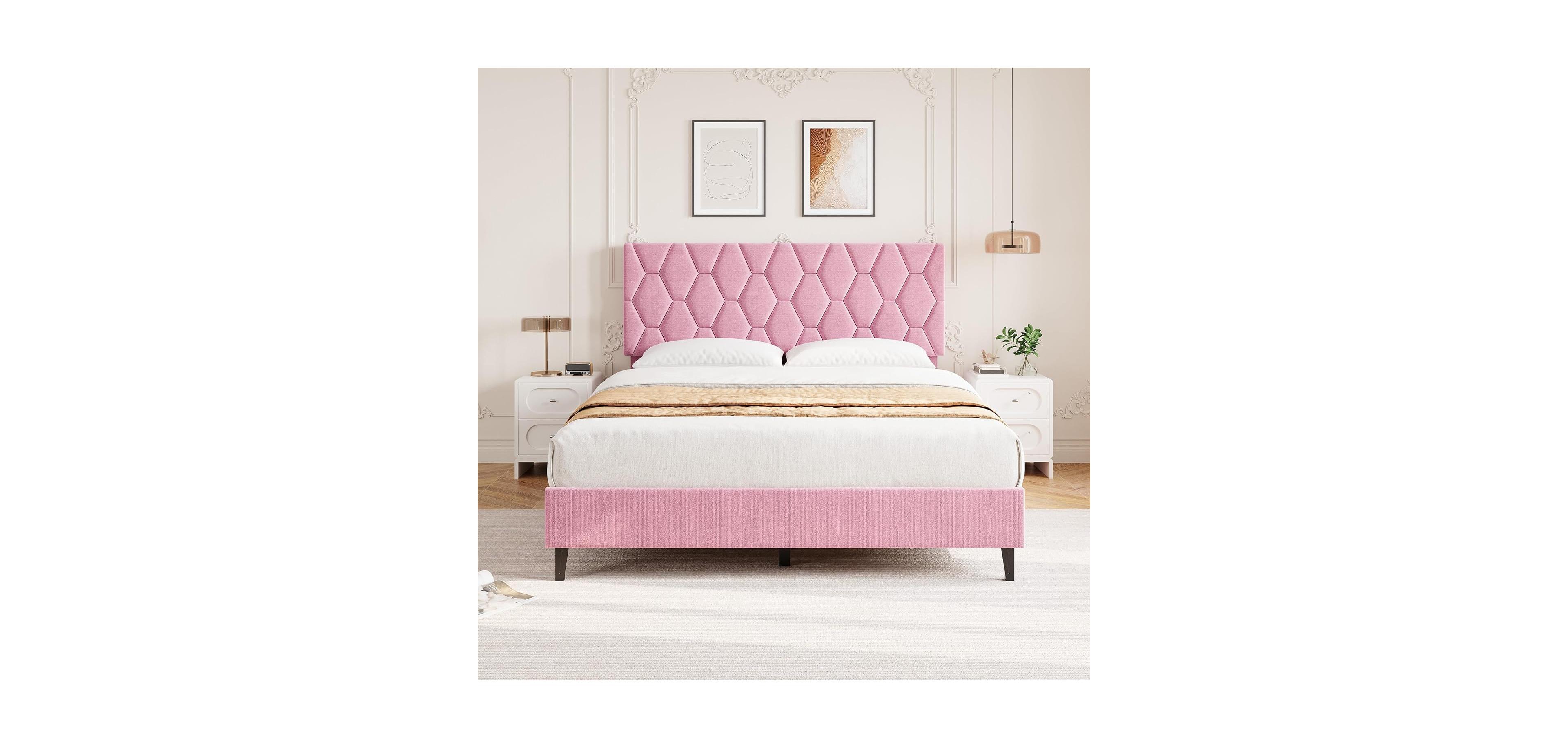 gaomon King Size Bed Frame with Upholstered Headboard, Wood Slat Platform, No Box Spring Needed, Noise-Free