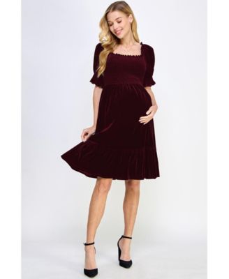 Maternity Velvet Empire Waist Puff Sleeve Smocked Neck Dress