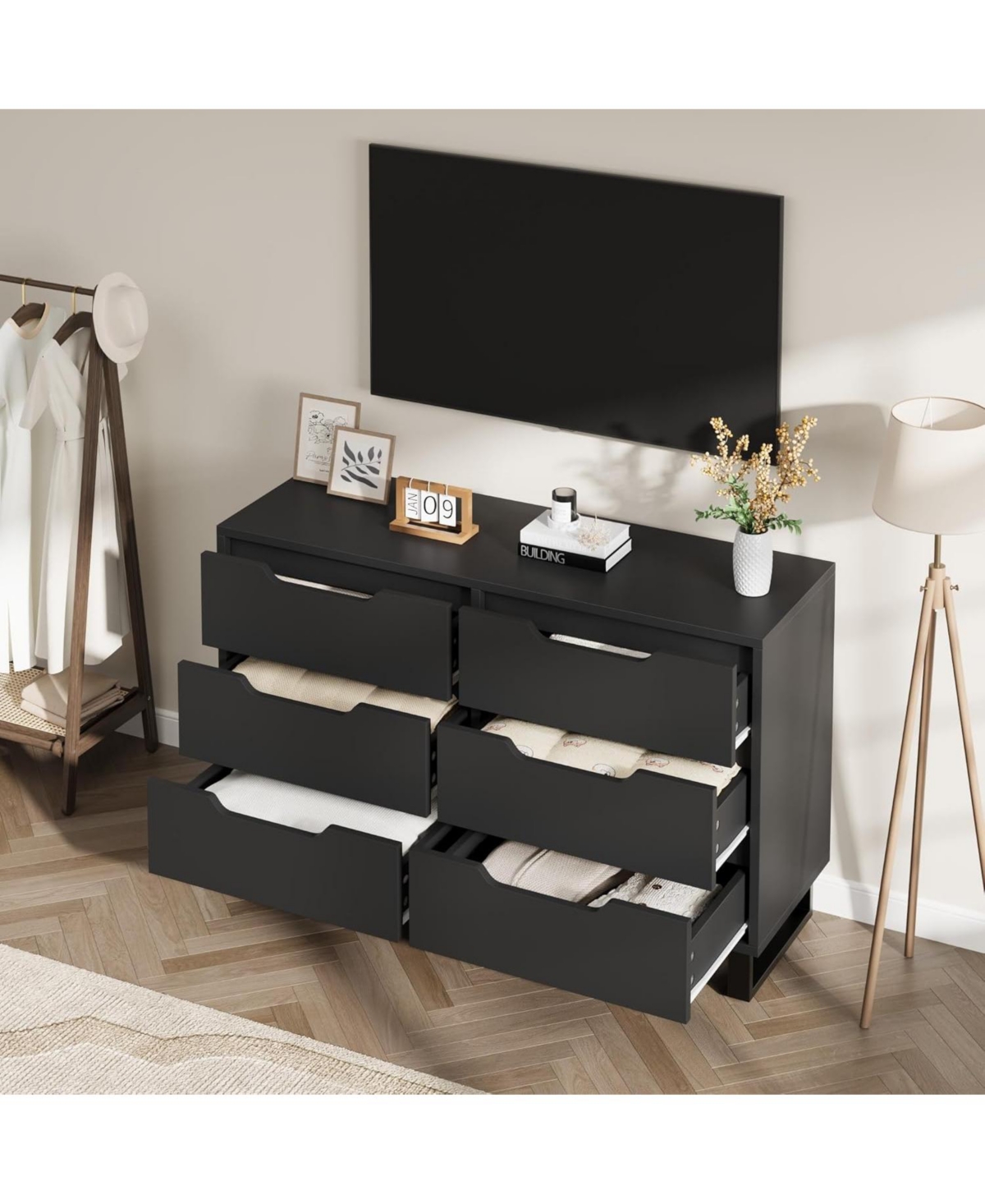 Gaomon 6-Drawer Black Freestanding Dresser 47.2" Wide Storage Cabinet and Wooden Closet Chest for Living Room, Entryway, Bedroom