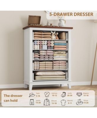 5-Drawer White Freestanding Wooden Chest, 41.3" Tall, Brown Top, Vertical Dresser for Living Room, Bedroom