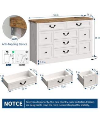 9-Drawer Engineered Wood Farmhouse Dresser with Built-In Charging Station and Anti-Tip Device