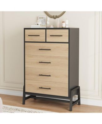 4+2 Drawer Black Polished Engineered Wood Dresser, Chic Cabinet Legs, Waterproof Top, Anti-Tip, Modern Bedroom Storage