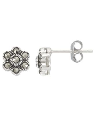 2-Pc. Marcasite Flower and Lotus Stud Earrings Set in Sterling Silver