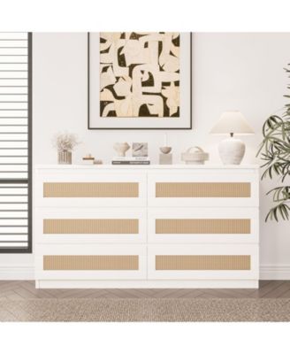 Rattan 6 Drawer Dresser for Bedroom, Modern Double Dresser with Anti-Tip Kit, Chest Organizer