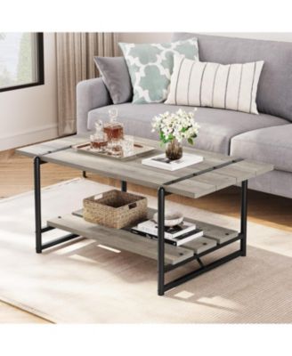2-Tier Large Coffee Table 41" Wood with Storage Shelf, Farmhouse Metal Frame, Living Room