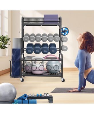 Yoga Mat Storage Rack, Steel Organizer with Hooks and Wheels for Dumbbells, Kettlebells and Fitness Accessories