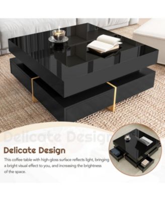 High Gloss Coffee Table with 4 Drawers, Multi Storage, Wood Grain Legs