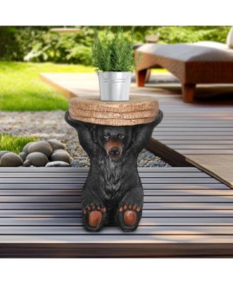 20.8" H Black Bear Side Table - Rustic Bear Statue End Table Holding Tree Stump Tray for Porch, Patio, Garden, or Living Room Decor