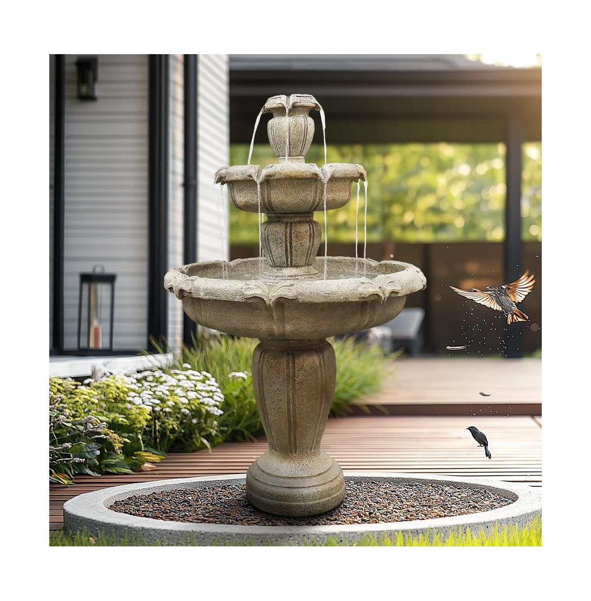 Sunjet 48"H 3-Tier Outdoor Water Fountain – Concrete Cascading Floor Fountain with Pump for Garden, Patio, Yard & Home Decor