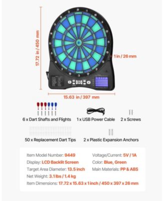 Electronic Dart Board, LED-Illuminated Dartboard with 48 Games, 500+ Variations and LCD Cricket Scoring for Up to 8 Players