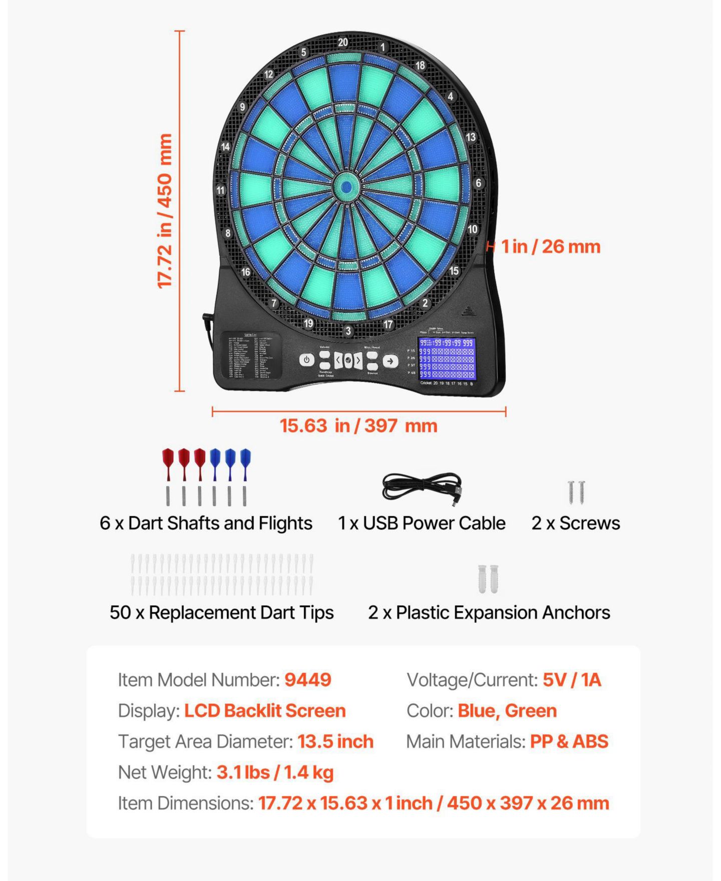 Детская игрушка Mecale LED-Illuminated Electronic Dart Board, 48 Games, Ages 3+, цвет: Синий — фото 4