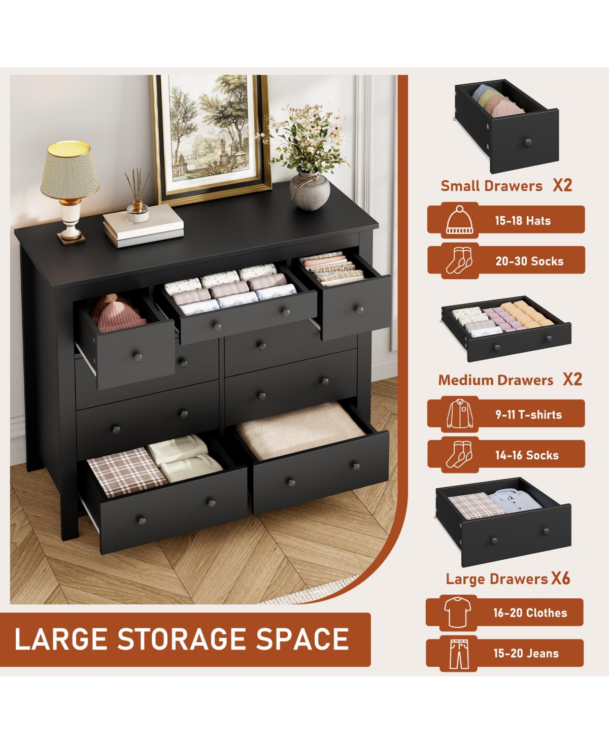 gaomon 10-Drawer Black Dresser 47" Wide, Long Wooden Chest Storage Cabinet