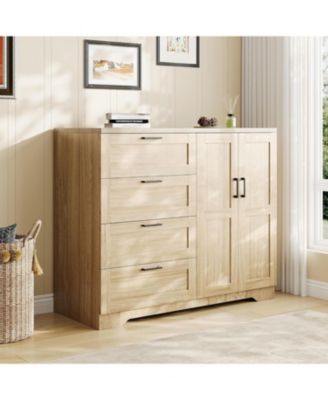 Modern Wooden Dresser for Bedroom, 43.3" 2-Door Wardrobe Armoire, 4 Drawers, Hanging Rod, Storage Cabinet