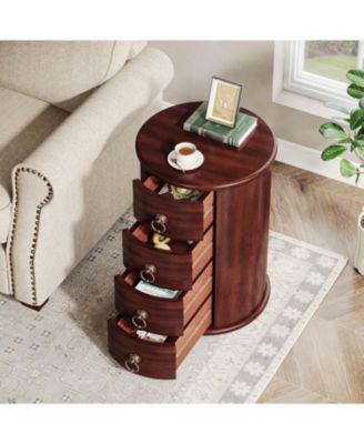 Solid Wood End Table, Round Side Table with 4 Drawers