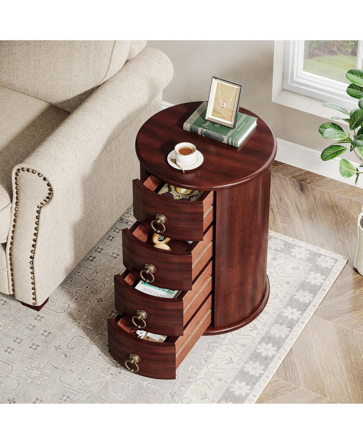 Tribesigns Solid Wood End Table, Round Side Table with 4 Drawers