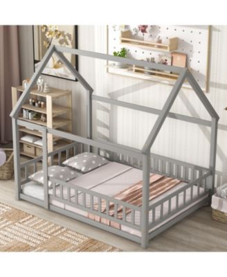 Wooden House Bed with Guardrails (Grey)