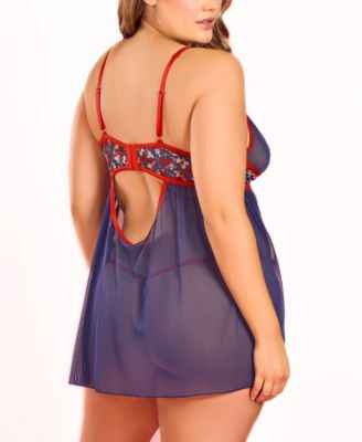 Women's Fine Mesh and Printed Floral 2PC Babydoll and Panty Set