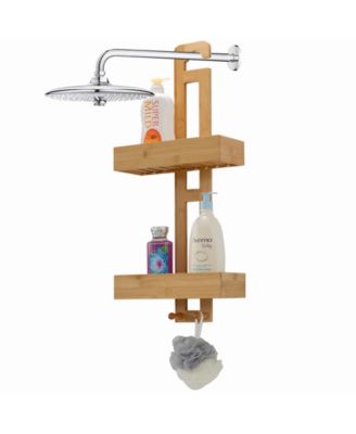 Bathroom Multi-function Natural Bamboo Storage Rack Over Shower Head Organizer, Shower Ball, Shampoo, Conditioner, Soap Holder