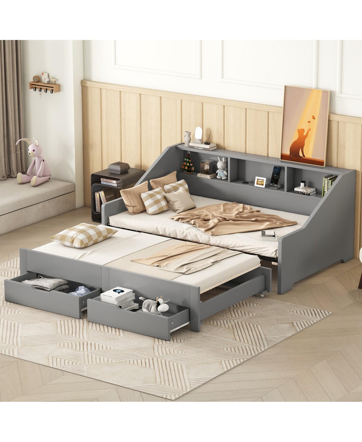 Boyel Living Twin to King Size Daybed Frame with Storage Bookcases and Two Drawers,Charging Design