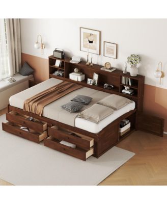 Full Size Wooden Captain Bed with Built-in Storage Shelves, 4 Drawers and 2 Cabinets