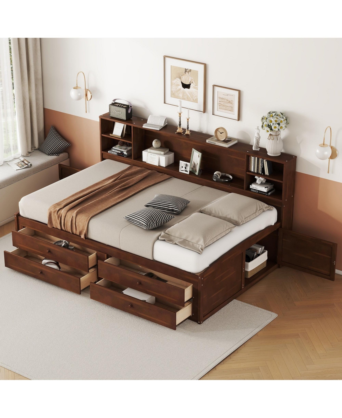 Boyel Living Full Size Wooden Captain Bed with Built-in Storage Shelves, 4 Drawers and 2 Cabinets