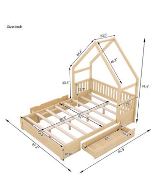 Wood Queen Size House Platform Bed with Guardrail and 2 Drawers