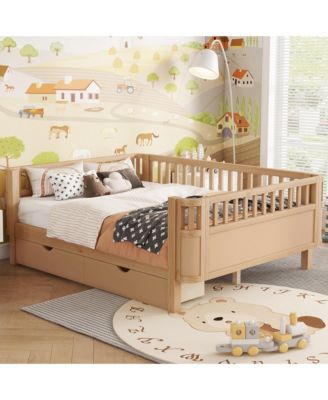 Full Size Wood Platform Bed for Kids, Low Profile Bed with 2 Wheeled Drawers & Rails