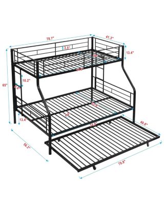 Twin Over Full Metal Bunk Bed with Trundle Black, No Box Spring Needed, Easy Assemble