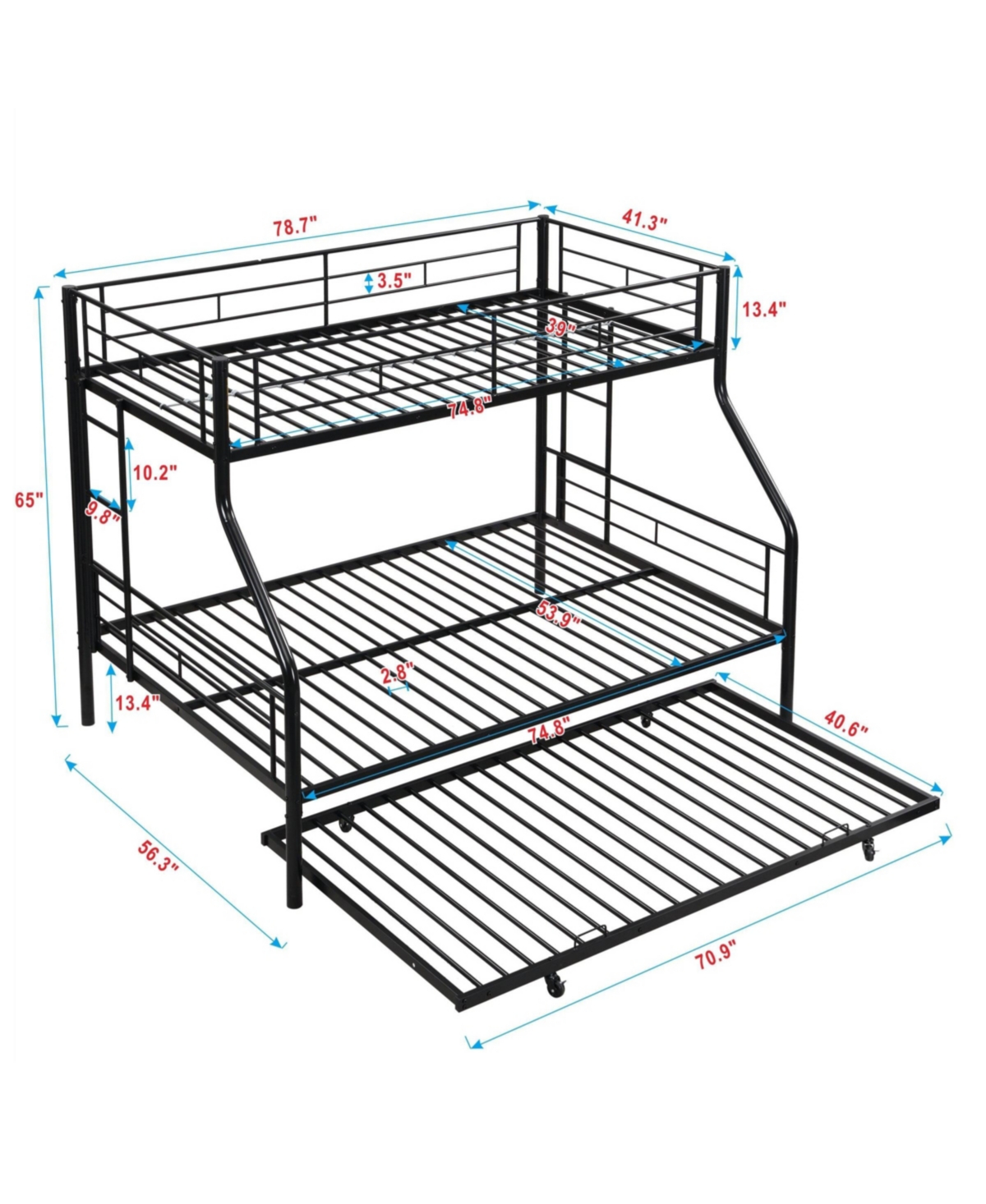 Boyel Living Twin Over Full Metal Bunk Bed with Trundle Black, No Box Spring Needed, Easy Assemble