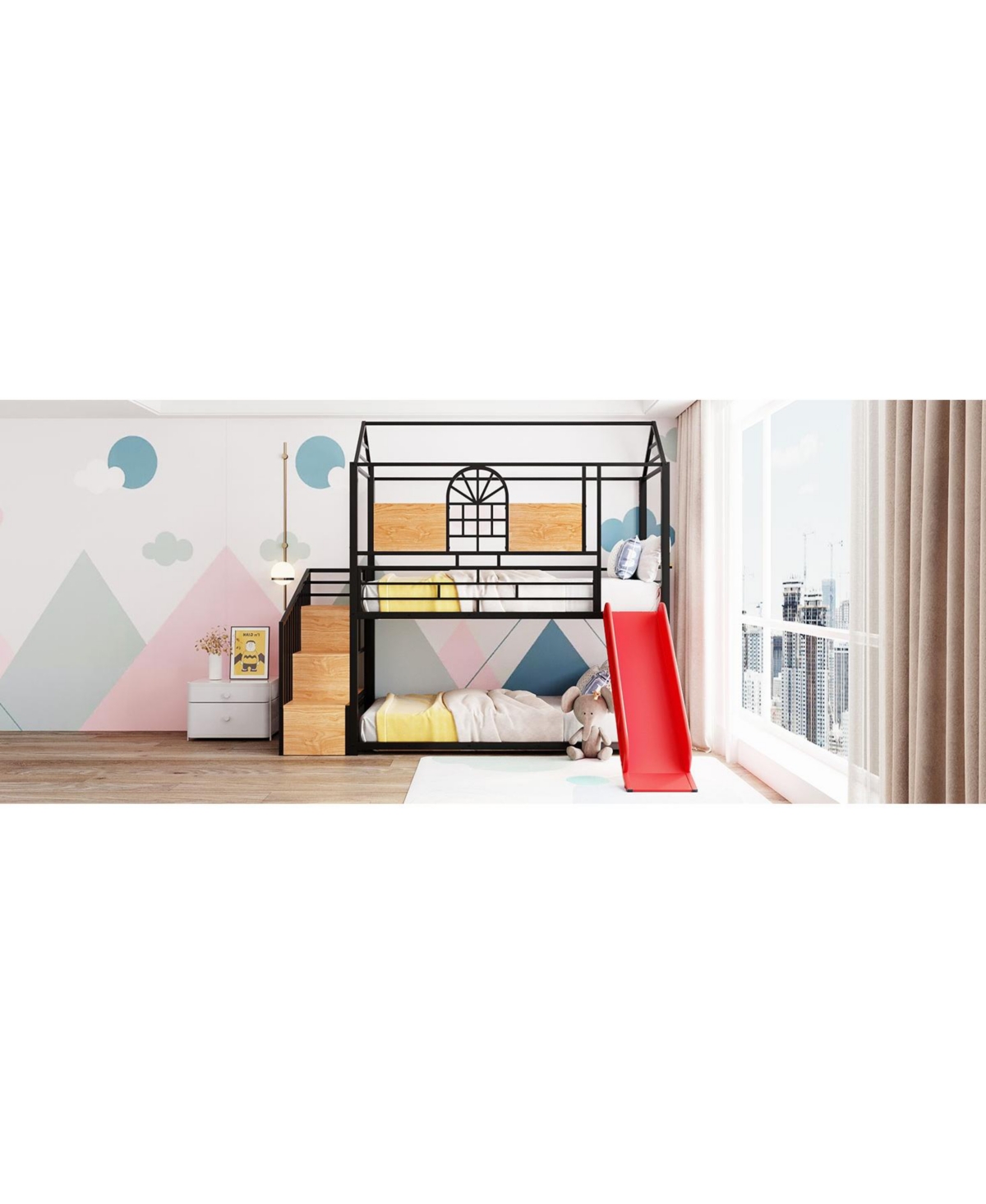 Streamdale Furniture Twin Bunk Bed with Slide and Storage Stairs, Black and Red