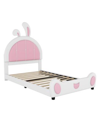 Twin Size Upholstered Platform Bed with Ribbit Shaped Headboard