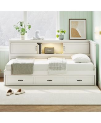  L-Shaped Bed Frame with Drawer, Bookcase, LED, USB - White, Full Size