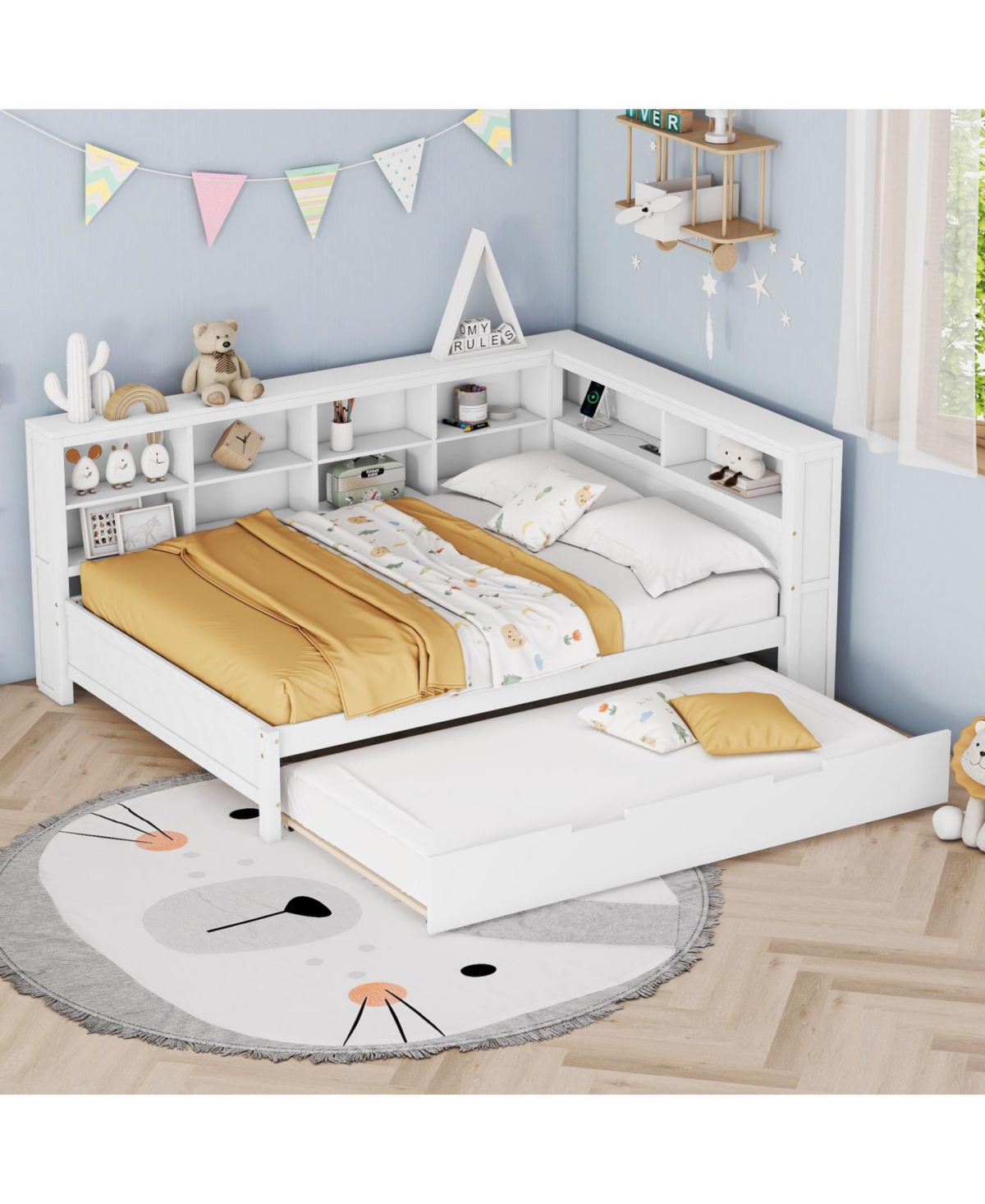 Streamdale Furniture Wooden Full Size Day Bed with Twin Trundle, Storage & Usb Ports, White