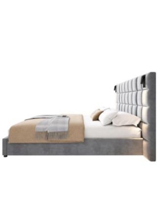 Streamdale King Size Velvet Upholstered Bed Frame with Wall Sconce & USB, Gray