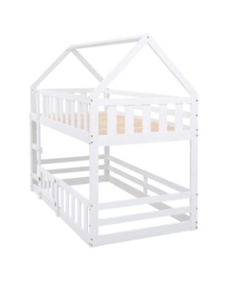 over Twin House Bunk Bed with Fence and Door, White