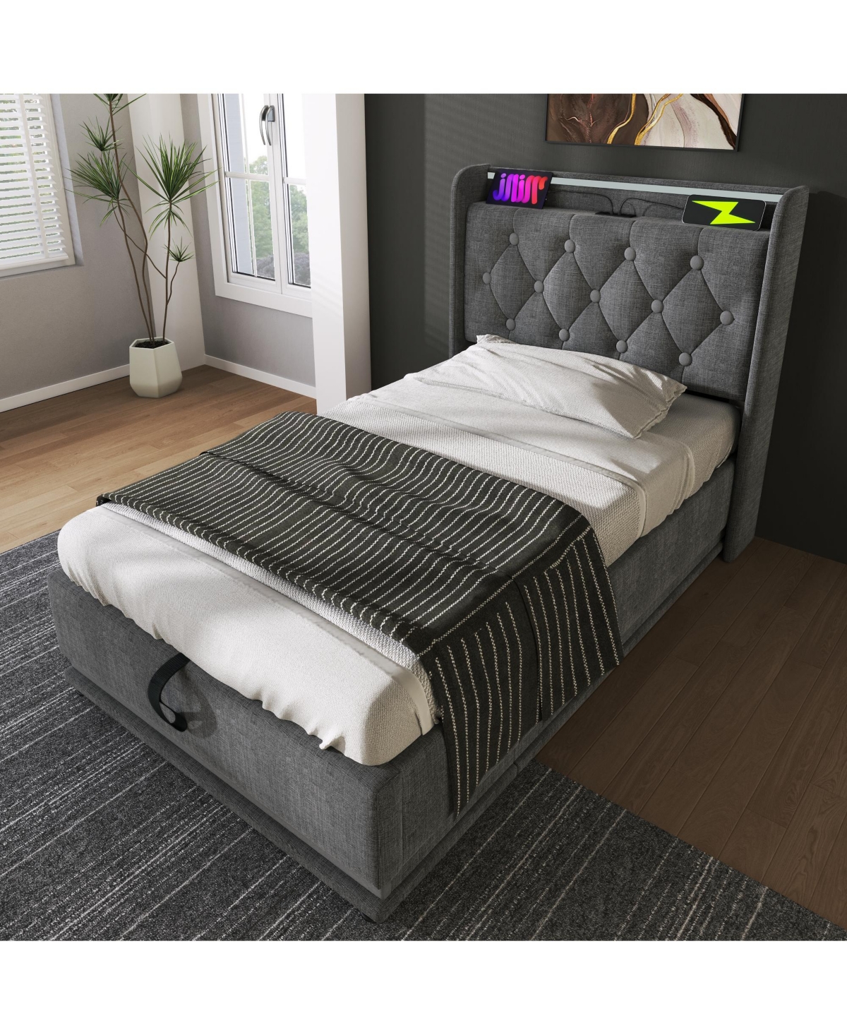 Streamdale Furniture Twin-Size Upholstered Led Bed with Hydraulic Storage