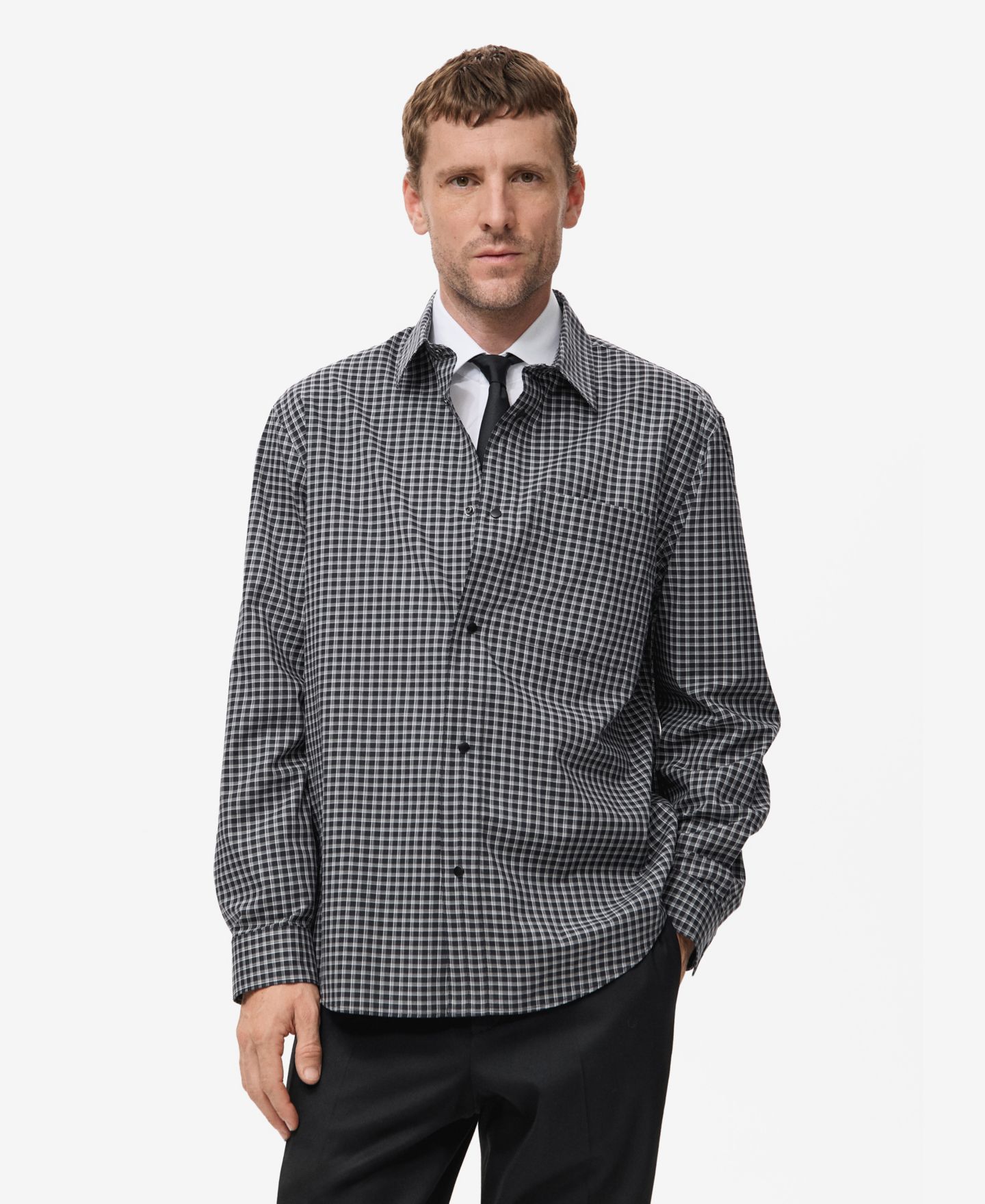 Мужская рубашка Mango Cotton Relaxed-Fit Check, цвет: Чёрный — фото 1
